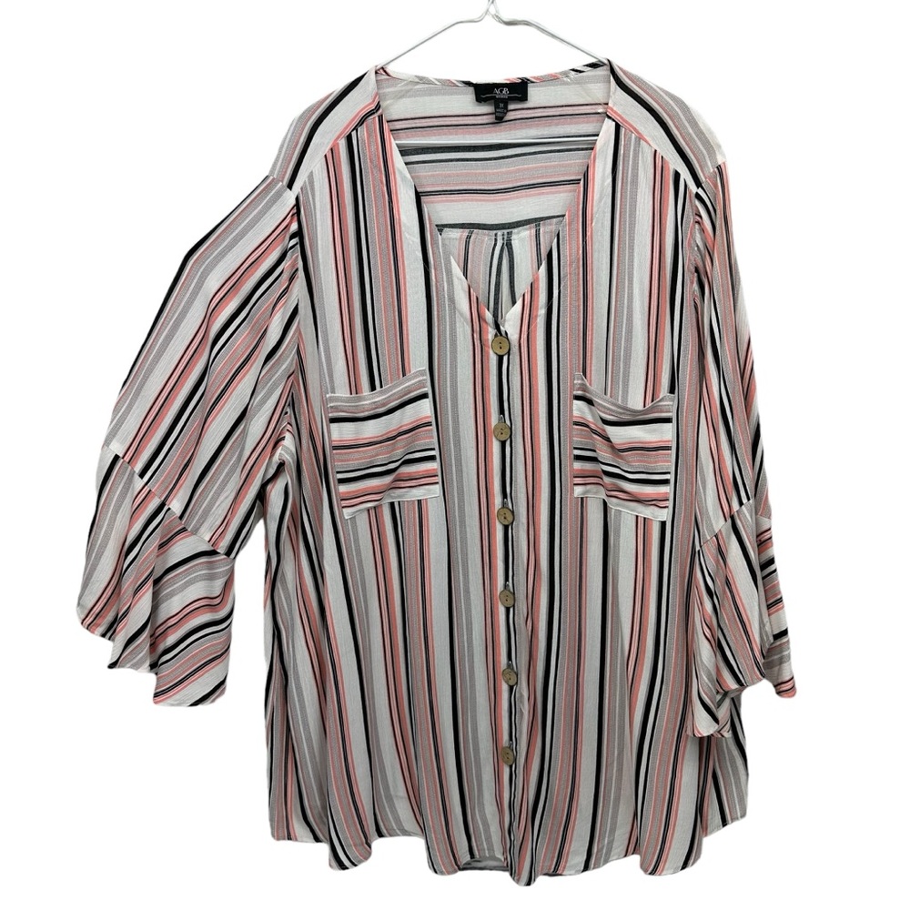 AGB Woman Plus Sz 3X Button V-Neck Striped 3/4 Bell Sleeves Pink White P…